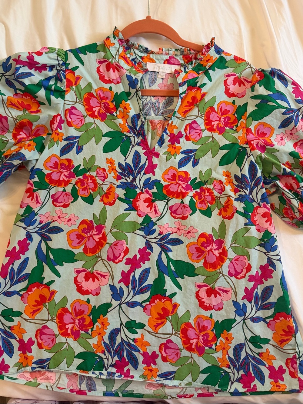 Sugarlips Floral Ruffle-Neck Tunic in Green, Pink, Orange & Blue